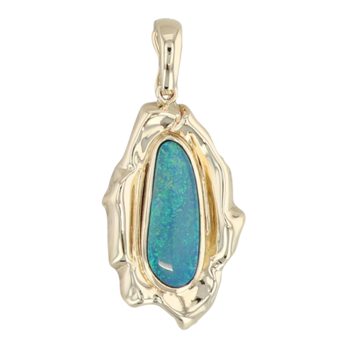 custom pinfire opal pendant 14k yellow gold green blue solitaire baroque boulder 6512