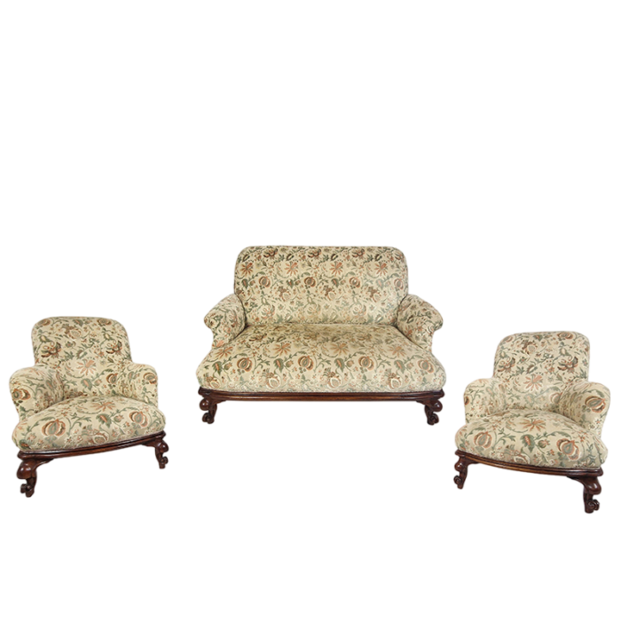 damask fabric armchairs and sofa 1920s set of 3 0839