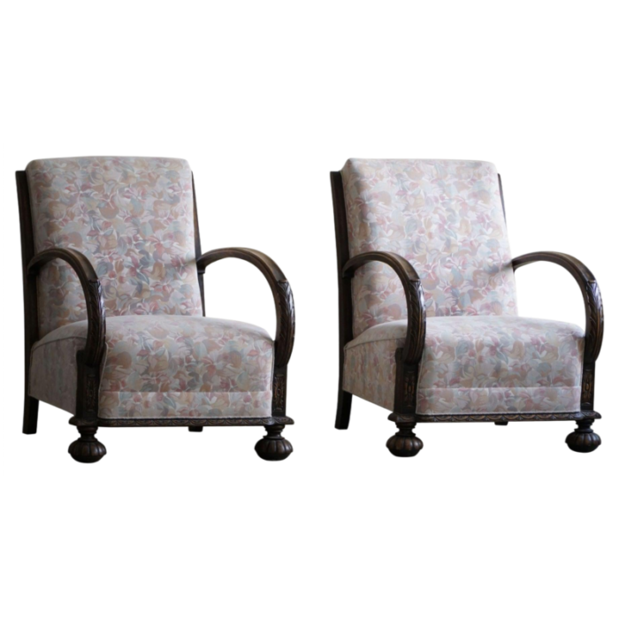 danish art deco lounge chairs in oak and vibrant flower fabric 1940s set of 2 6782