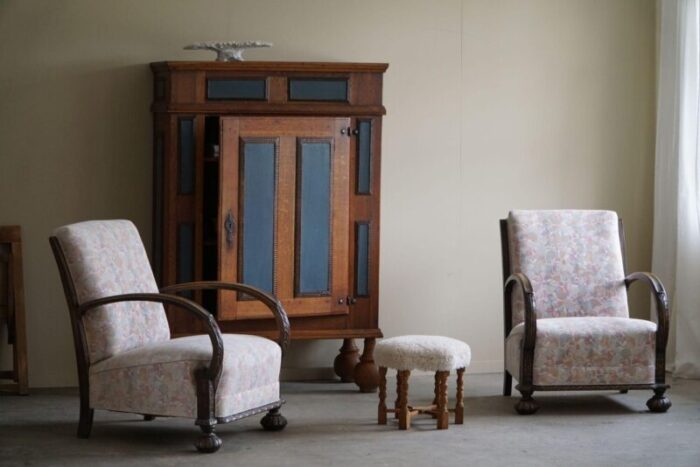 danish art deco lounge chairs in oak and vibrant flower fabric 1940s set of 2 8087