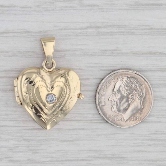 diamond heart photo locket pendant 14k yellow gold engravable 0835