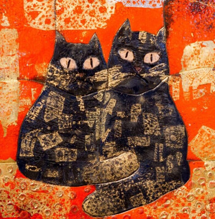 dina dubina cats love enamel and copper 2017 framed 5626