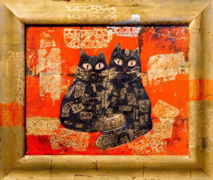 dina dubina cats love enamel and copper 2017 framed 9916