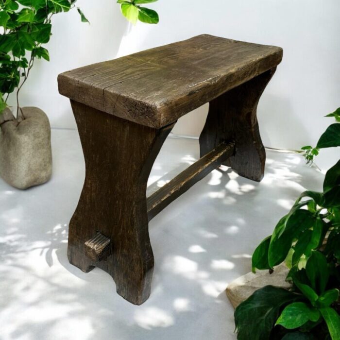 early 20th century antique distressed wood plank bench stool plant stand 3476