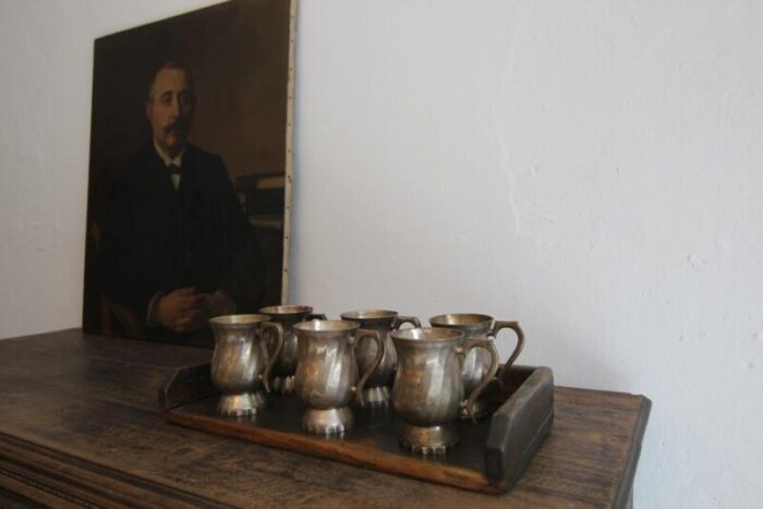 early 20th century silver plated brass mugs 1930s set of 6 6482