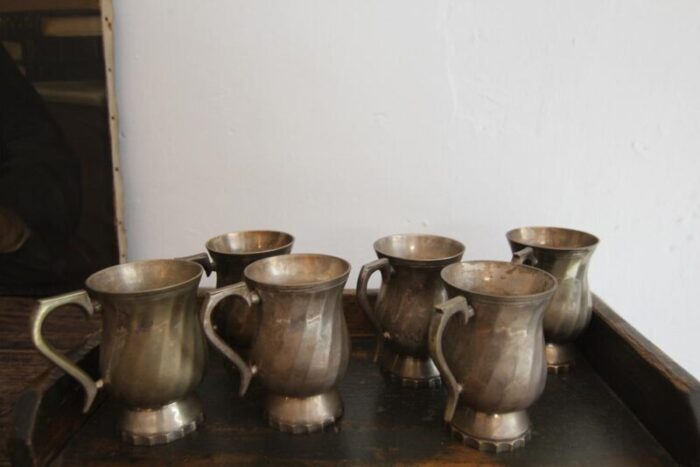 early 20th century silver plated brass mugs 1930s set of 6 7094