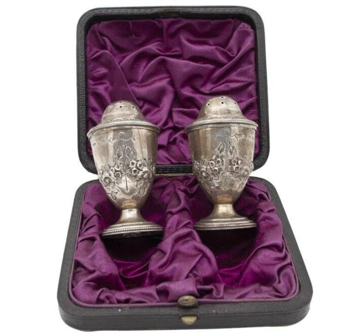 english silver salt and pepper shakers 1840s set of 2 1