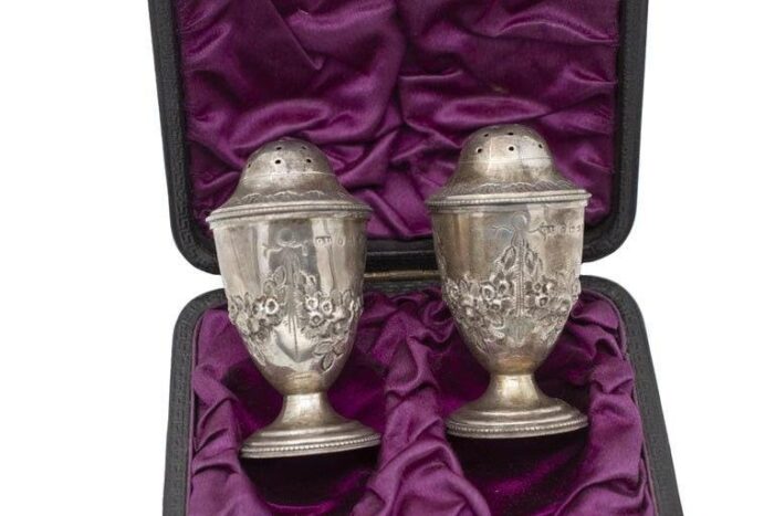 english silver salt and pepper shakers 1840s set of 2 2