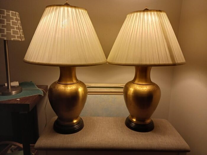 fabulous pair vintage 1980s brass with etched design table lamps wildwood lampholders signed 3642