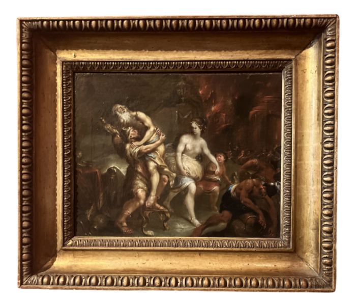 flemish artist aeneas fleeing the burning of troy 17th century oil on canvas framed 2477