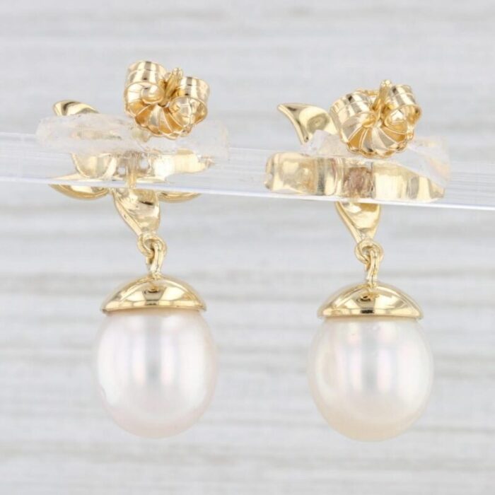 flower cultured pearl dangle earrings 18k yellow gold pierced drops 7319