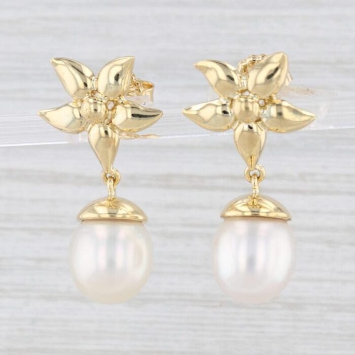 flower cultured pearl dangle earrings 18k yellow gold pierced drops 7621