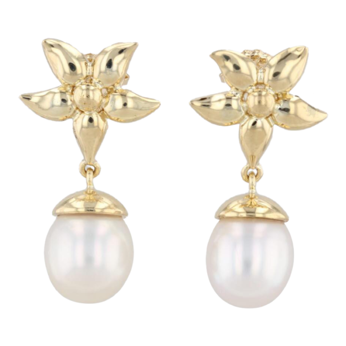 flower cultured pearl dangle earrings 18k yellow gold pierced drops 9511