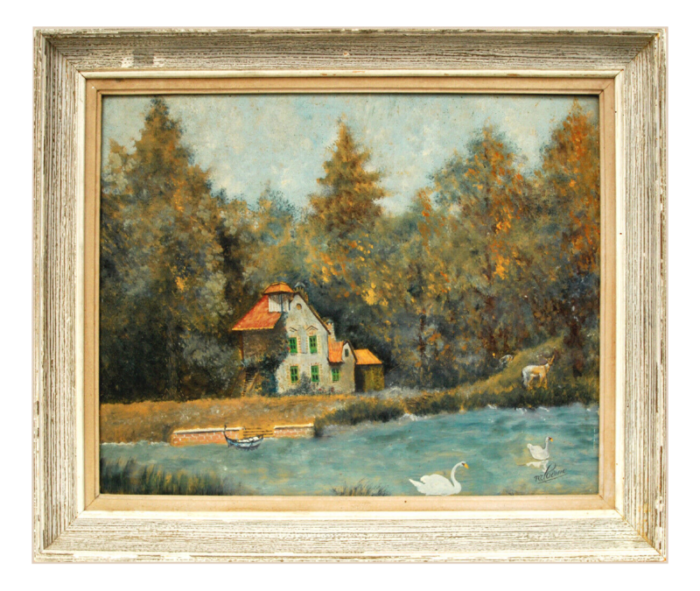 forest house wild animals and swans on the water 1950s oil painting framed 3984