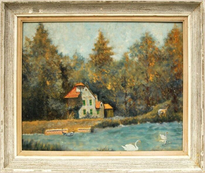 forest house wild animals and swans on the water 1950s oil painting framed 5213