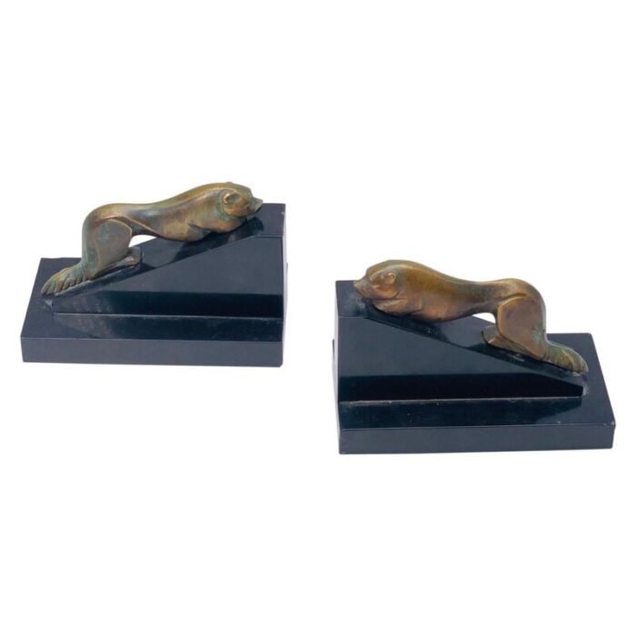 french art deco sea lions bookends in bronze and marble 1940 1