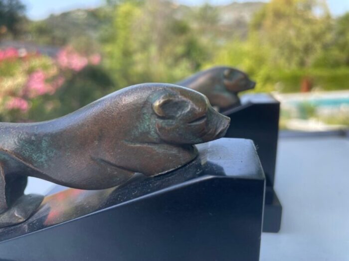 french art deco sea lions bookends in bronze and marble 1940 3