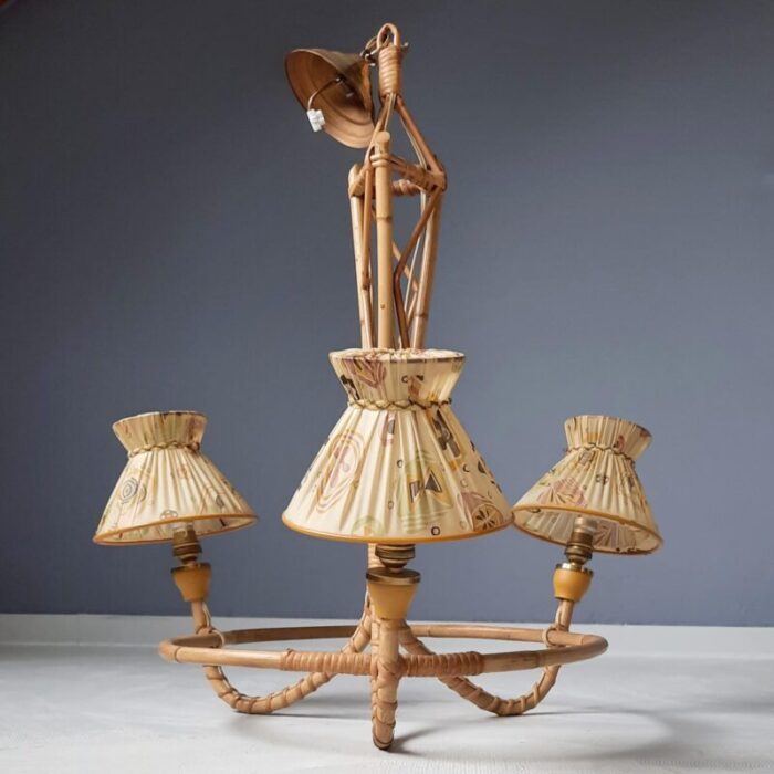 french rattan chandelier with three shades 1950s 0576