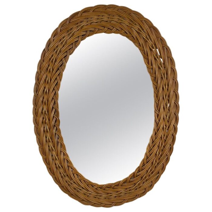 french riviera oval rattan wall mirror france 1960s 0140