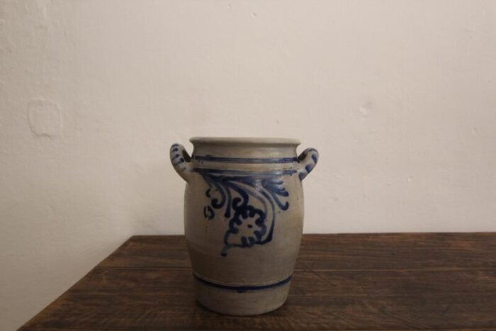 german folk art grey and cobalt blue stoneware jar 1890s 1156