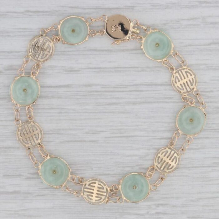 green jadeite jade chinese calligraphy bracelet 14k yellow gold 7 4065