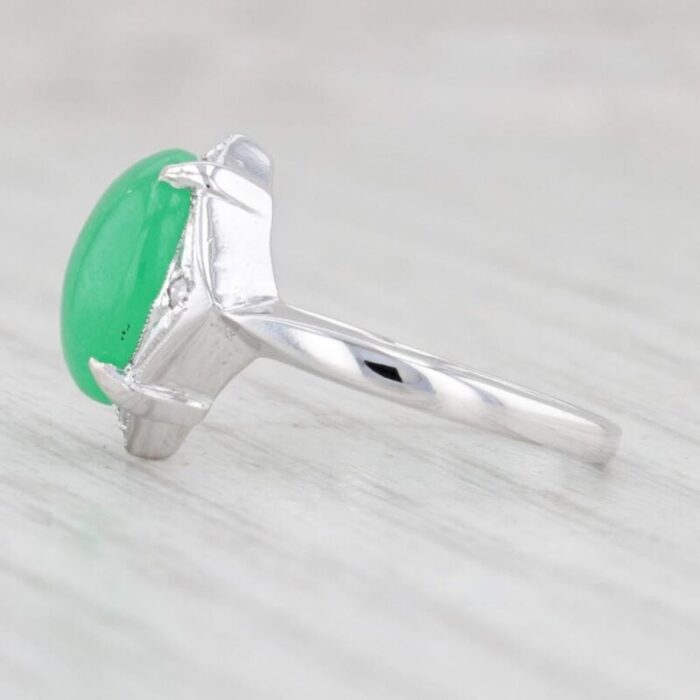 green jadeite jade diamond ring 14k white gold size 6 oval cabochon 0789