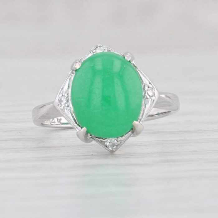 green jadeite jade diamond ring 14k white gold size 6 oval cabochon 1401