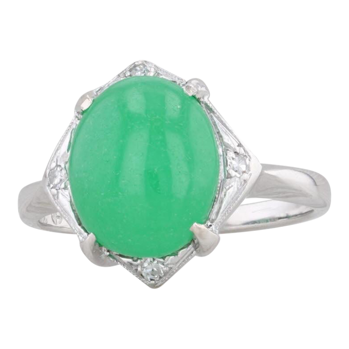 green jadeite jade diamond ring 14k white gold size 6 oval cabochon 3295