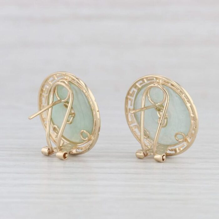 green jadeite jade hololith chinese fu good luck earrings 14k yellow gold 2 pieces 5450