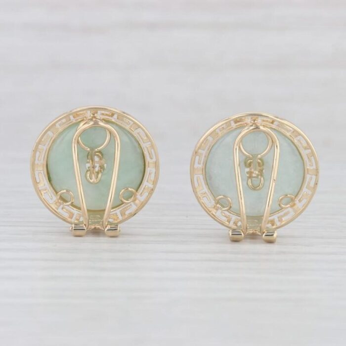 green jadeite jade hololith chinese fu good luck earrings 14k yellow gold 2 pieces 6540