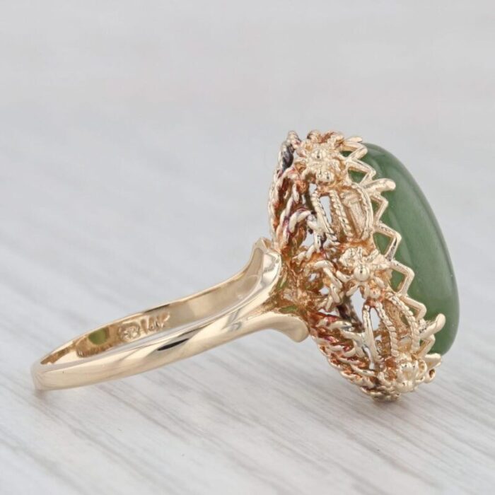 green nephrite jade ring 14k yellow gold oval cabochon size 75 ornate filigree 0131