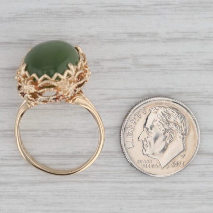 green nephrite jade ring 14k yellow gold oval cabochon size 75 ornate filigree 6223