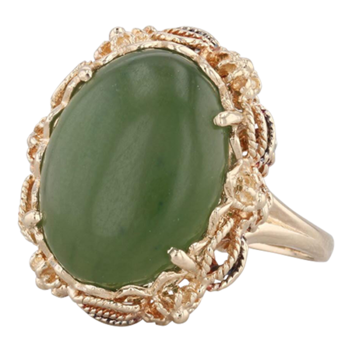 green nephrite jade ring 14k yellow gold oval cabochon size 75 ornate filigree 9346