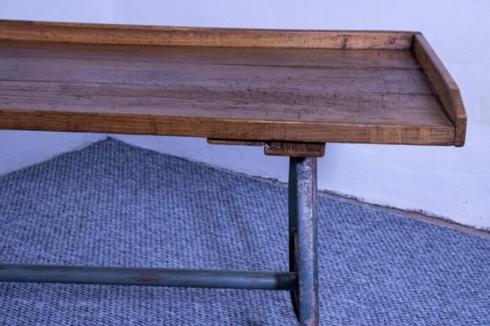 industrial cast iron leg table with antique pine table top 1950 1737