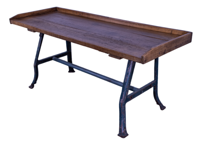 industrial cast iron leg table with antique pine table top 1950 7470