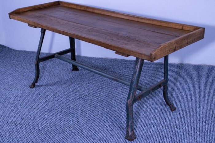 industrial cast iron leg table with antique pine table top 1950 8924