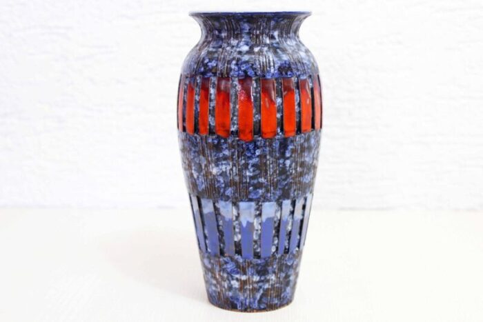 italian blue red patterned ceramic vase 1970s 1