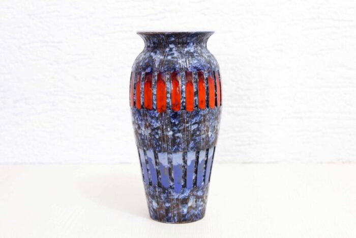 italian blue red patterned ceramic vase 1970s 2