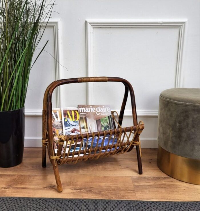 italian bohemian french riviera bamboo and rattan magazine rack 1960s 2