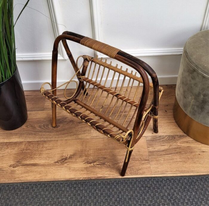 italian bohemian french riviera bamboo and rattan magazine rack 1960s 5