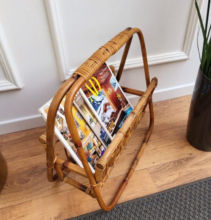 italian bohemian french riviera style bamboo rattan magazine stand 1960s 3