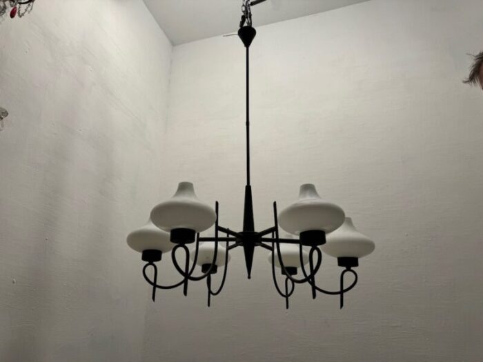 italian opaline bronze chandelier 1950s 0788