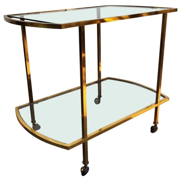 italian two tier brass and glass bar cart with dark glass top by milo baughman 1960s 1