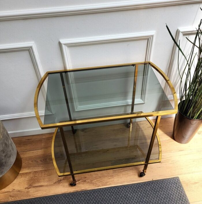 italian two tier brass and glass bar cart with dark glass top by milo baughman 1960s 3