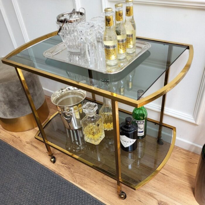 italian two tier brass and glass bar cart with dark glass top by milo baughman 1960s 4