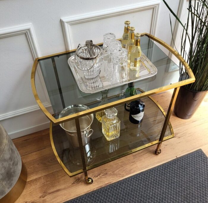 italian two tier brass and glass bar cart with dark glass top by milo baughman 1960s 5