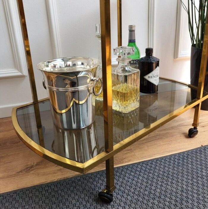 italian two tier brass and glass bar cart with dark glass top by milo baughman 1960s 6