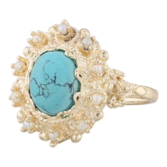 lab created turquoise pearl ring 14k yellow gold size 75 oval cabochon 6428