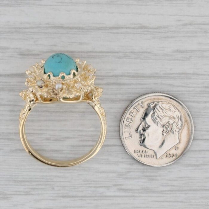 lab created turquoise pearl ring 14k yellow gold size 75 oval cabochon 6852