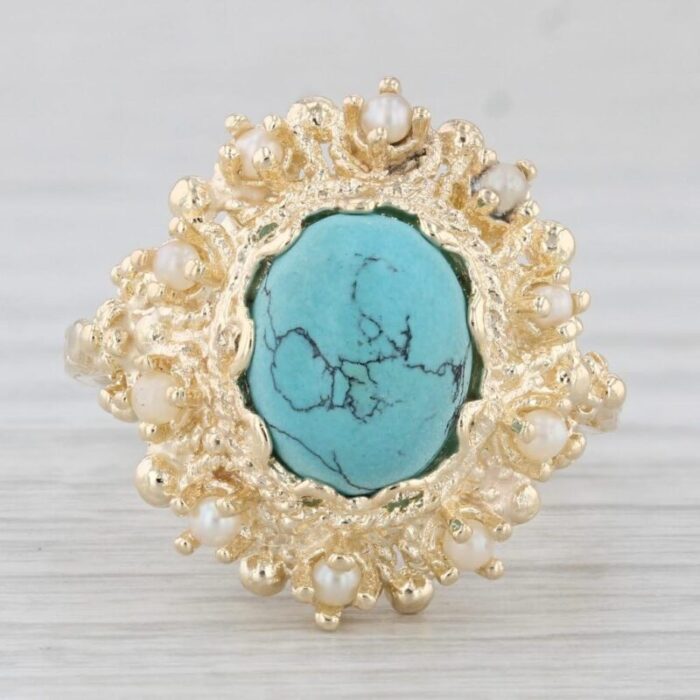 lab created turquoise pearl ring 14k yellow gold size 75 oval cabochon 9661